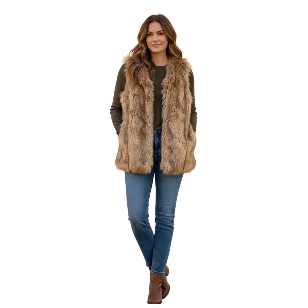Lauren Ralph Lauren Active Brown Faux Fur‎ Vest Hook Eye Closure Womens L-RL